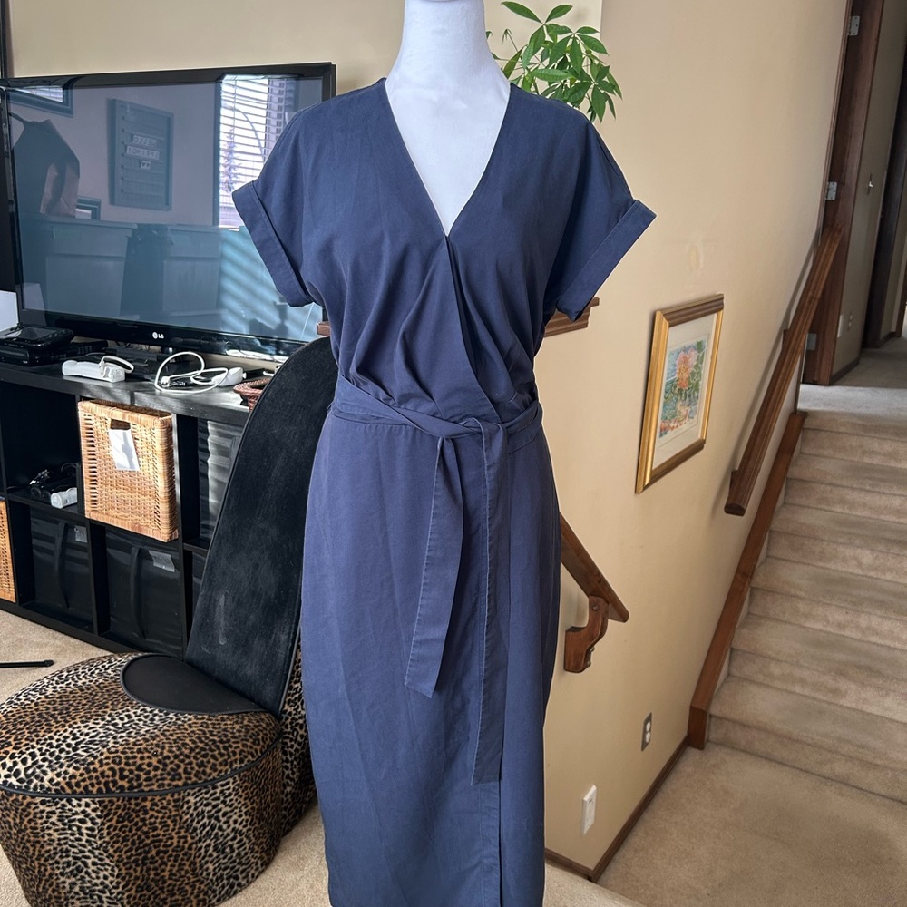 Kit & Ace Navy Wrap Midi Dress/ tie belt  with Cuffed Sleeves